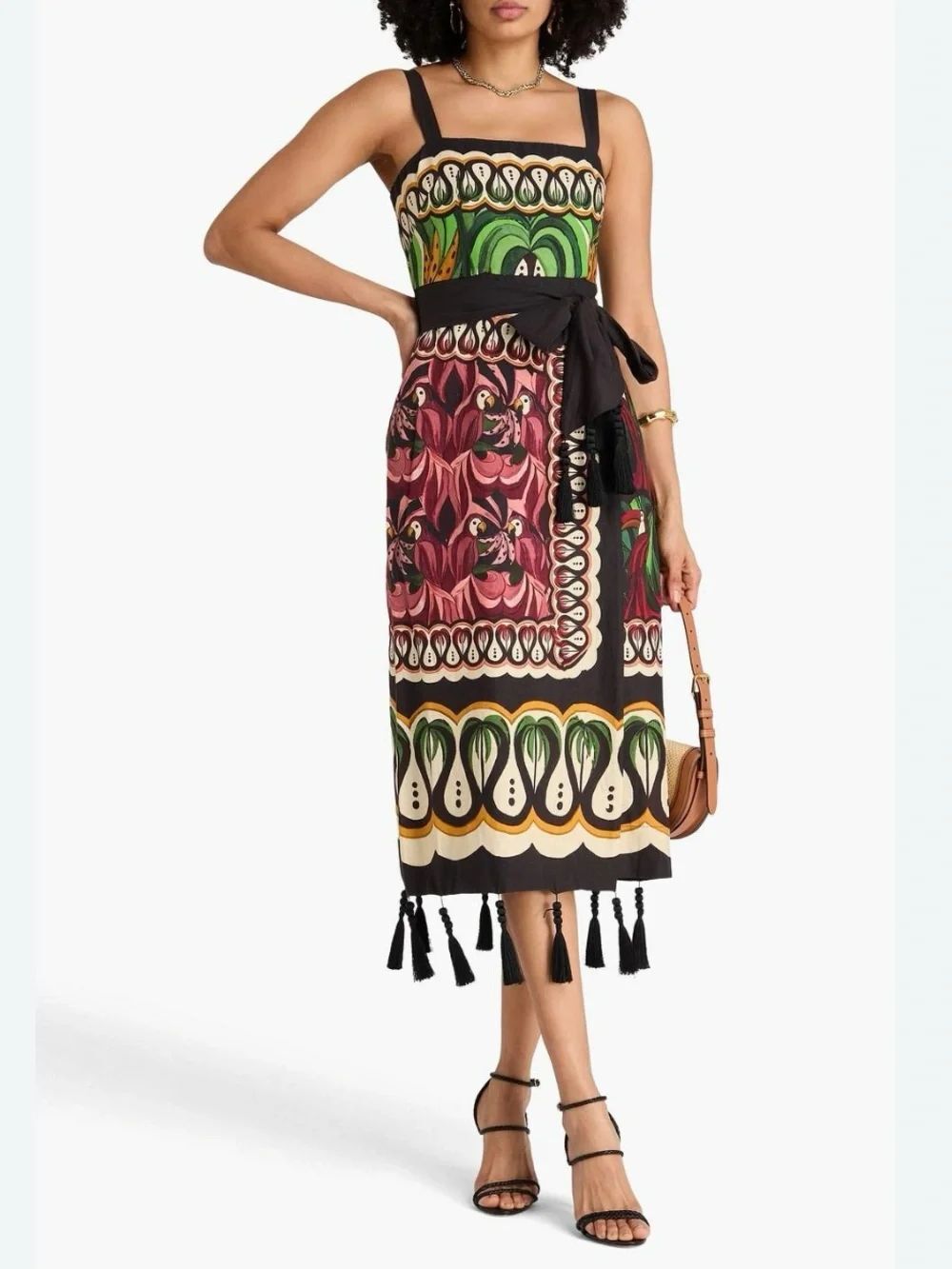 Farm Rio Coconut Tree Flow Scarf Dress Multicolor Tropical Parrot Tassel Midi M